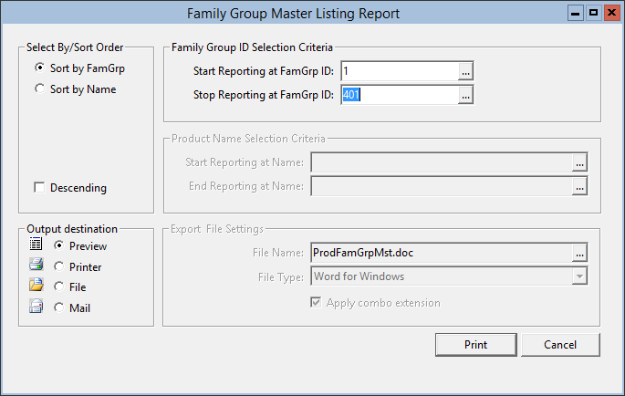 This figure displays the Family Group Master Listing Report window.
