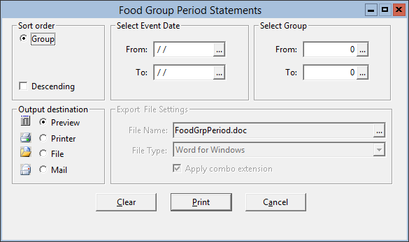 This figure displays the Food Group Period Statements window