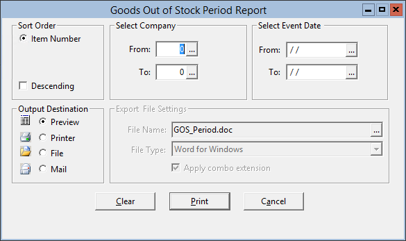 This figure displays the Goods Out of Stock Period Report window