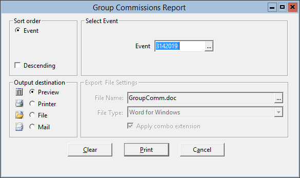 This figure displays the Group Commissions Report window.