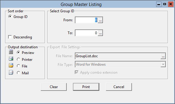 This figure displays the Group Master Listing window.