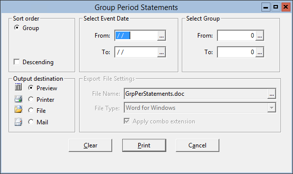 This figure displays the Group Period Statements window