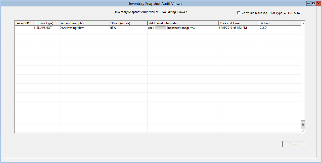 This figure displays the Inventory Snapshot Audit Viewer window