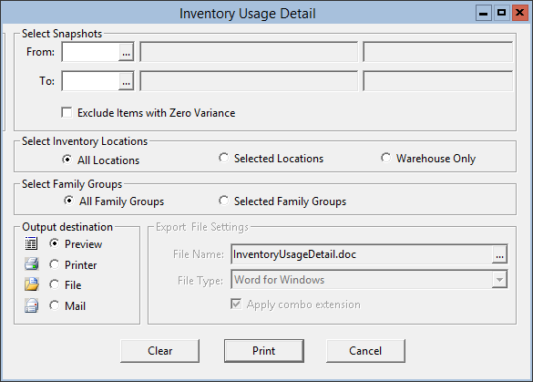This figure displays the Inventory Usage Detail window