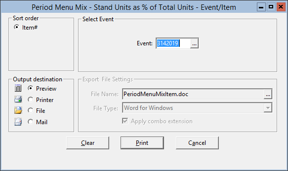 This figure displays the Period Menu Mix — Stand Units as % of Total Units — Event/Item window.