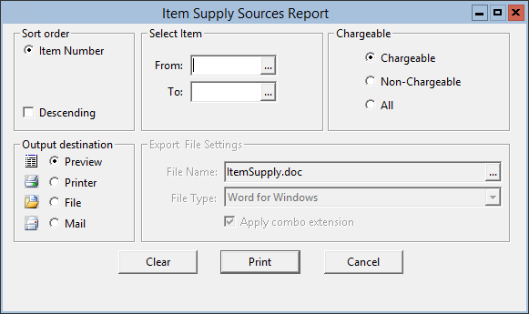This figure displays the Item Supply Sources Report window.