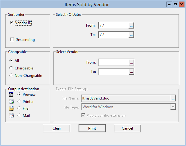 This figure displays the Items Sold by Vendor window.