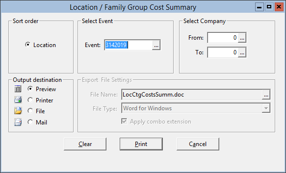This figure displays the Location/Family Group Cost Summary window.