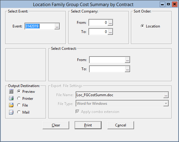 This figure displays the Location Family Group Cost Summary by Contract