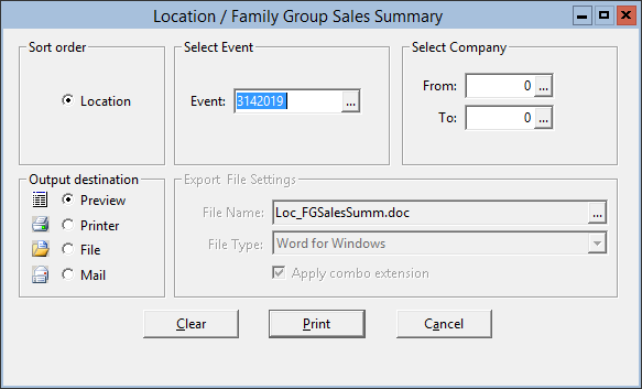 This figure displays the Location/Family Group Sales Summary window.