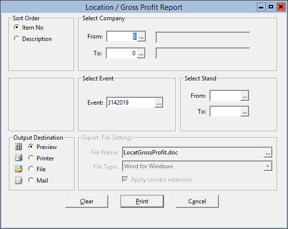 This figure displays the Location/Gross Profit Report window.