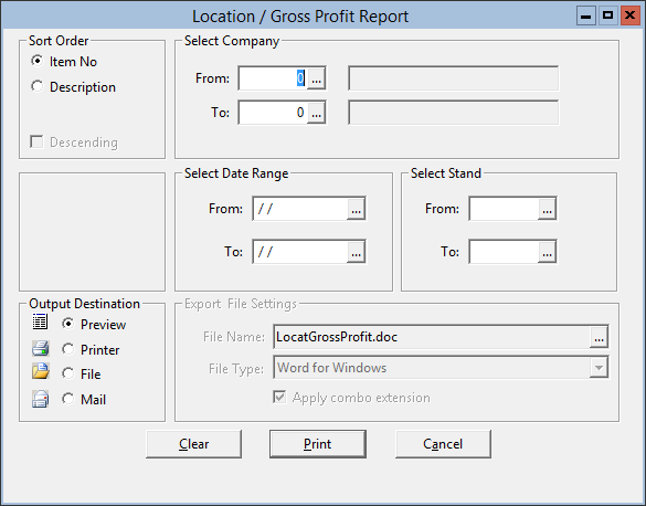 This figure displays the Location/Gross Profit Report window