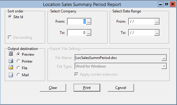 This figure displays the Location Sales Summary Period Report window