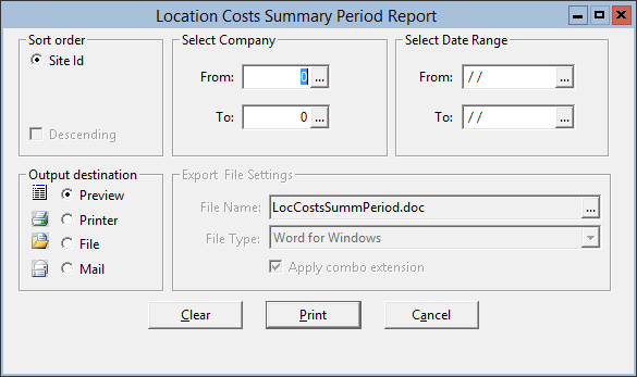This figure displays the Location Costs Summary Period Report window
