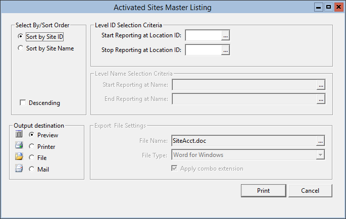 This figure displays the Activated Sites Master Listing window.