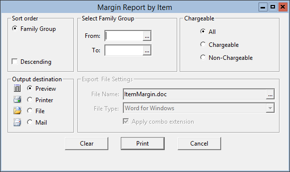 This figure displays the Margin Report by Item window.