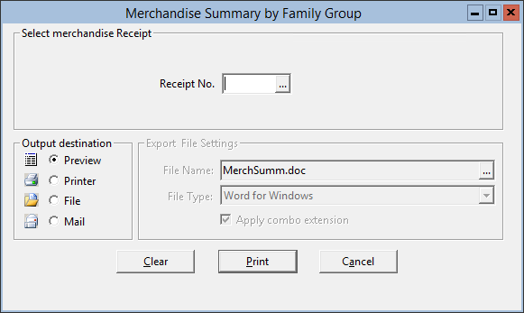 This figure displays the Merchandise Summary by Family Group window.