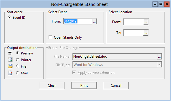 This figure displays the Non-Chargeable Stand Sheet window.