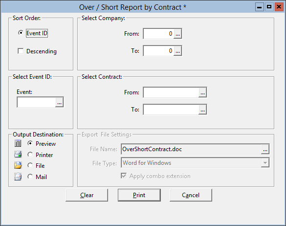 This figure displays the Over/Short Report by Contract window
