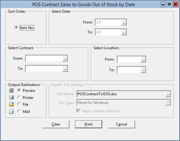 This figure displays the POS Contract Sales to Goods Out of Stock by Date window