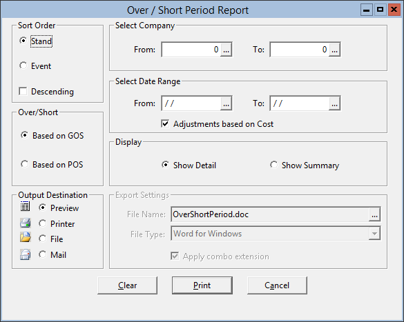 This figure displays the Over/Short Period Report window