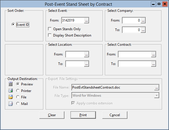 This figure displays the Post-Event Stand Sheet by Contract window