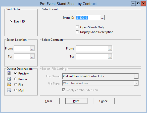 This figure displays the Pre-Event Stand Sheet by Contract window
