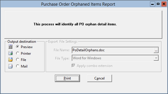 This figure displays the Purchase Order Orphaned Items Report window.