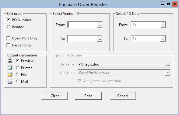 This figure displays the Purchase Order Register window.