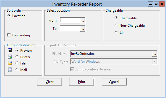 This figure displays the Inventory Re-Order Report window.