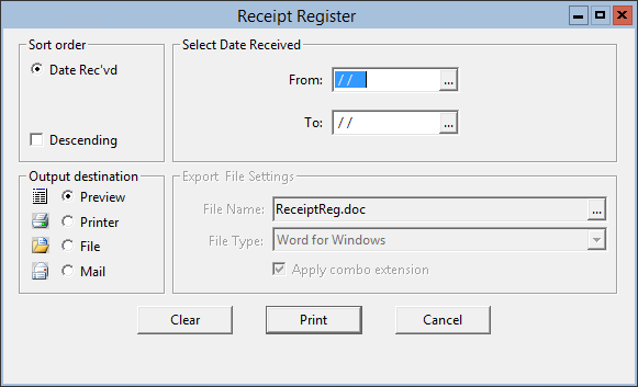 This figure displays the Receipt Register window.