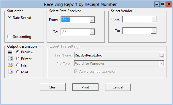 This figure displays the Receiving Report by Receipt Number window.