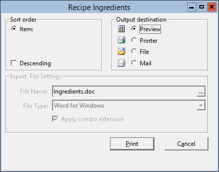This figure displays the Recipe Ingredients window.