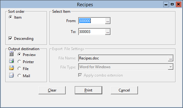 This figure displays the Recipes window.
