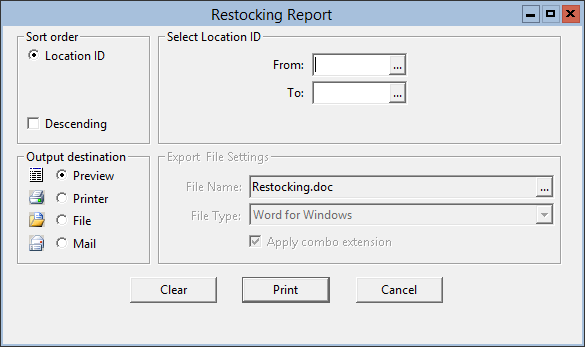 This figure displays the Restocking Report window.