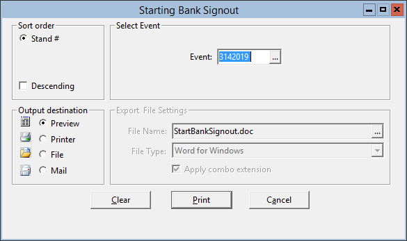 This figure displays the Starting Bank Signout window