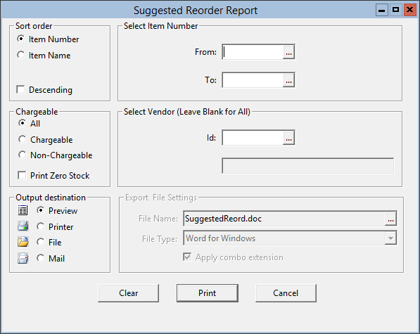 This figure displays the Suggested Reorder Report window.