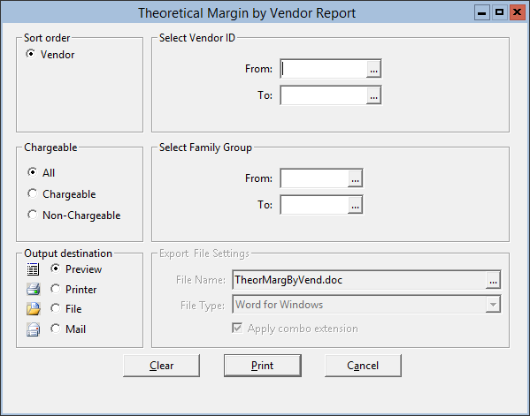 This figure displays the Theoretical Margin by Vendor Report window.