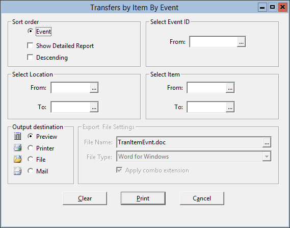 This figure displays the Transfers by Item by Event window.