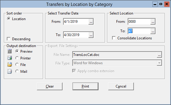 This figure displays the Transfers by Location by Category window.