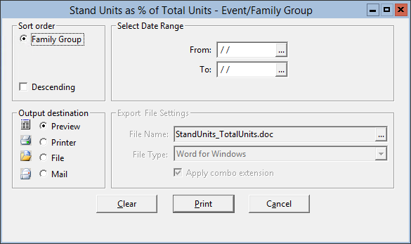 This figure displays the Stand Units as % of Total Units – Event/Family Group window