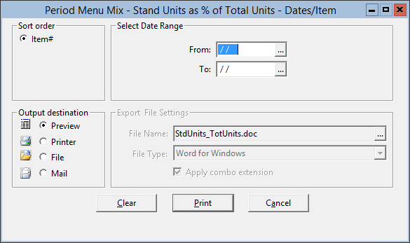 This figure displays the Period Menu Mix – Stand Units as % of Total Units – Dates/Item window