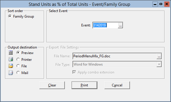 This figure displays the Stand Units as % of Total Units — Event/Family Group window.