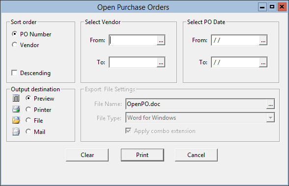 This figure displays the Open Purchase Orders window.