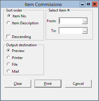 This figure displays the Item Commissions window