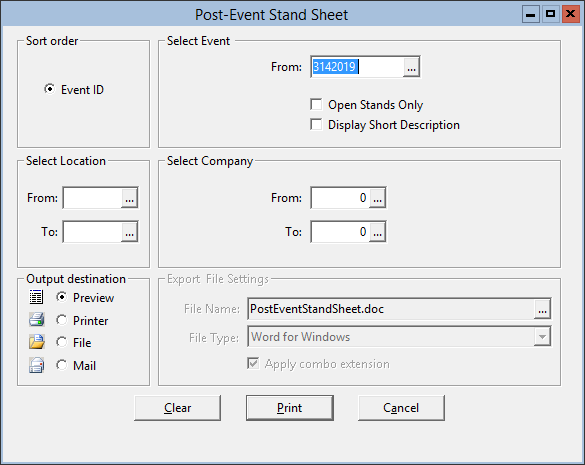 This figure displays the Post-Event Standsheet window.