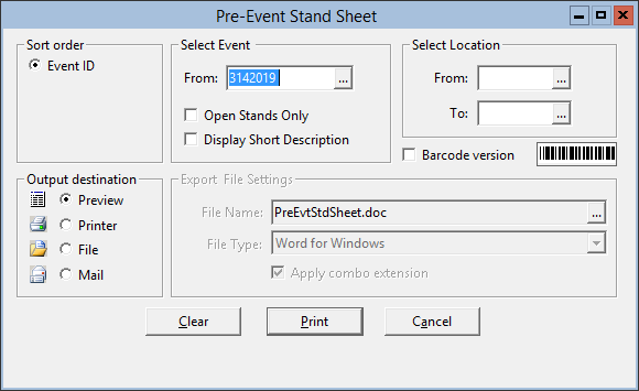 This figure displays the Pre-Event Stand Sheet window.