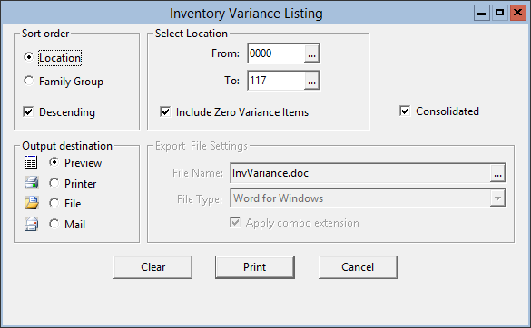 This figure displays the Inventory Variance Listing window.