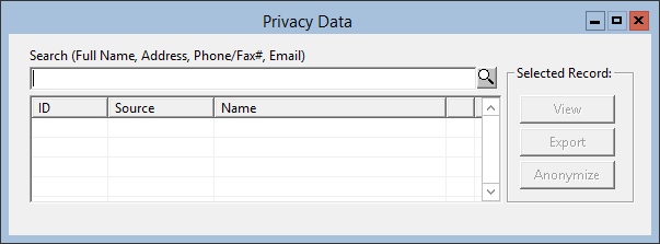 This figure shows the Privacy Data Search Window from where you can search, view, export, and anonymize records.