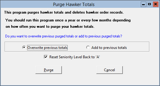 This figure displays the Purge Hawker Totals window